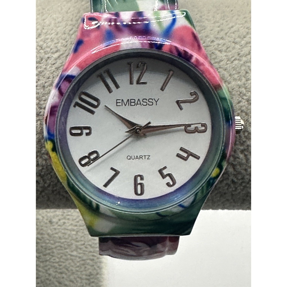Embassy Women Red Floral EM3887L‎ 6" Cuff Bangle 38MM Watch New Battery Z